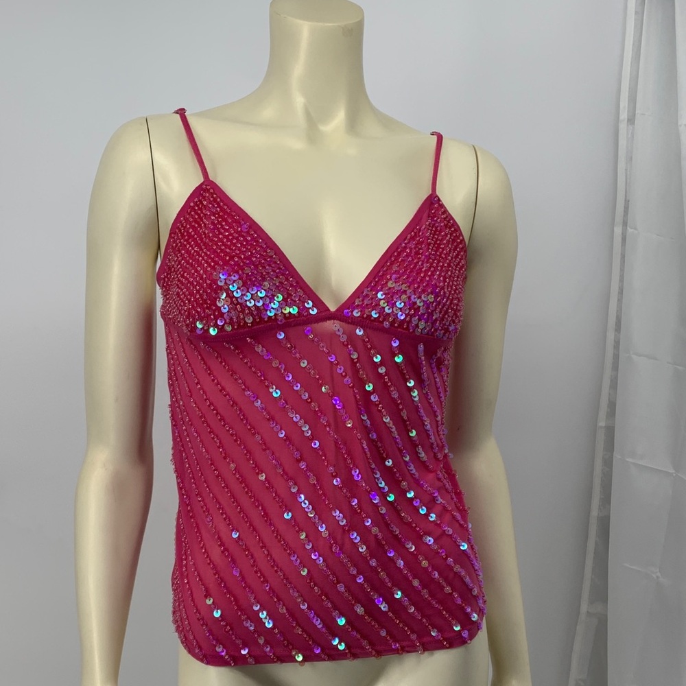 Y2K Wet Seal Pink Sequences Camisole Top Sheer